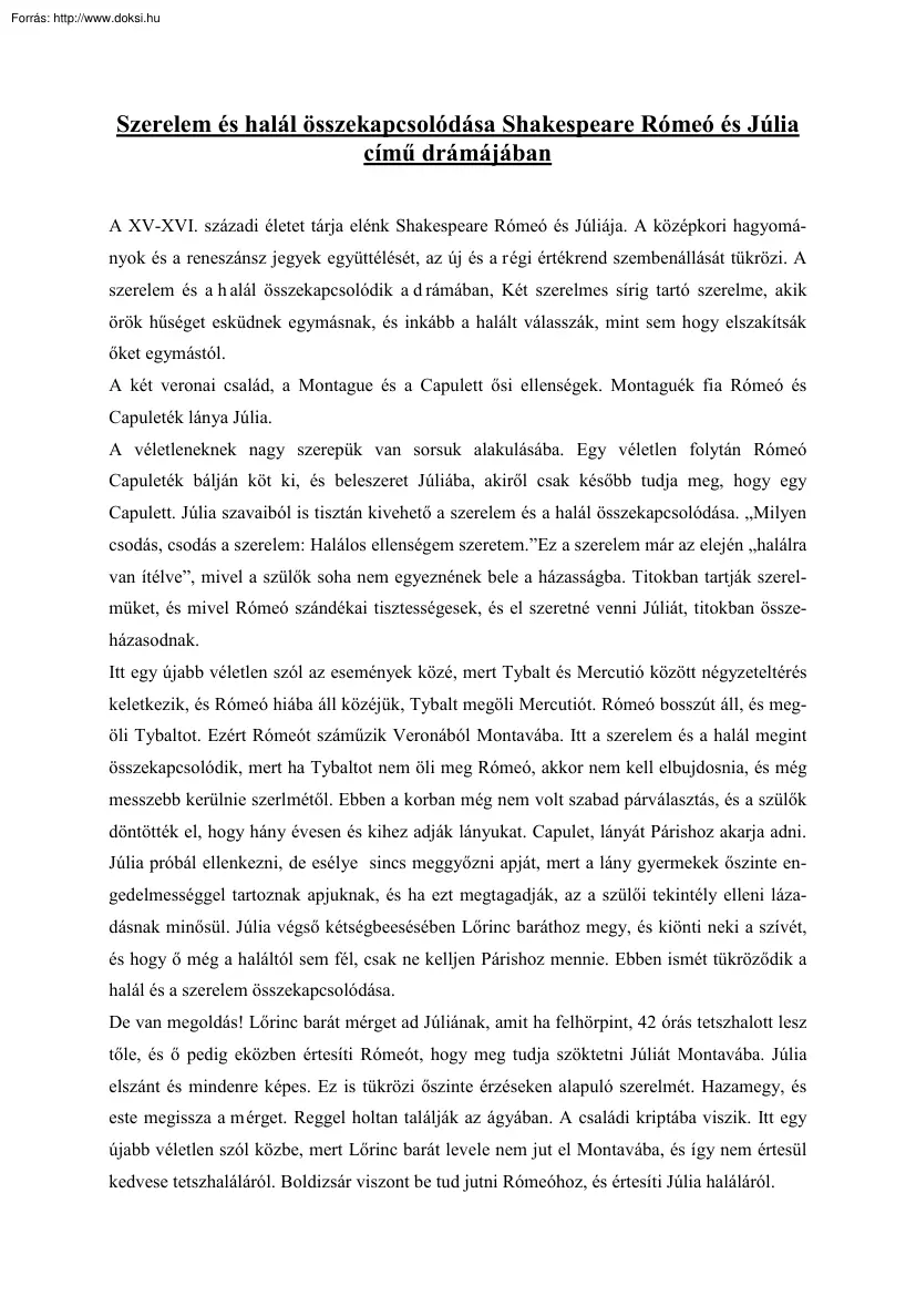 Szerelem és halál összekapcsolódása Shakespeare Rómeó és Júlia című drámájában