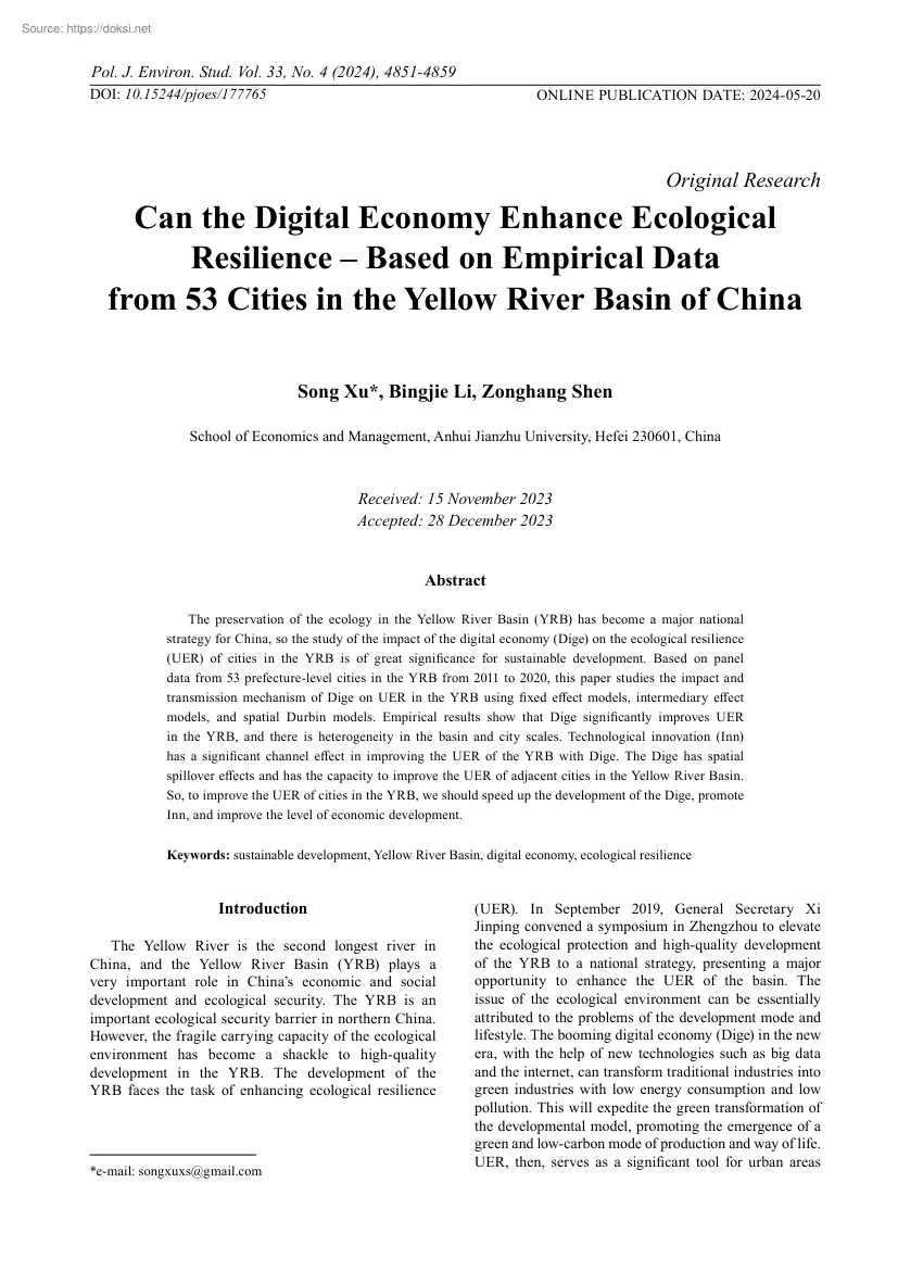 Can the Digital Economy Enhance Ecological Resilience, Based on Empirical Data from 53 Cities in