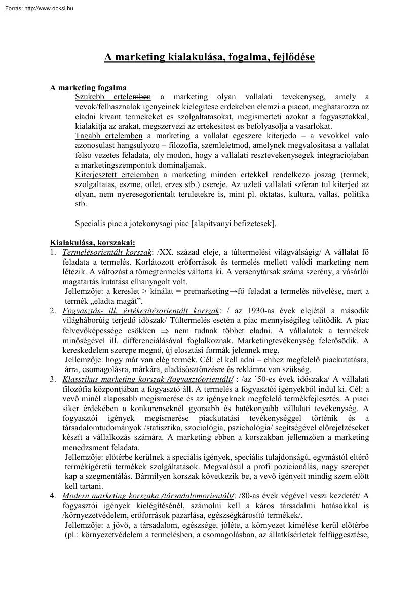 A marketing kialakulása, fogalma, fejlődése