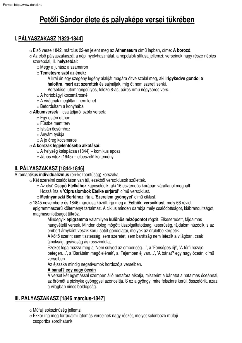 Petőfi Sándor élete és pályaképe versei tükrében