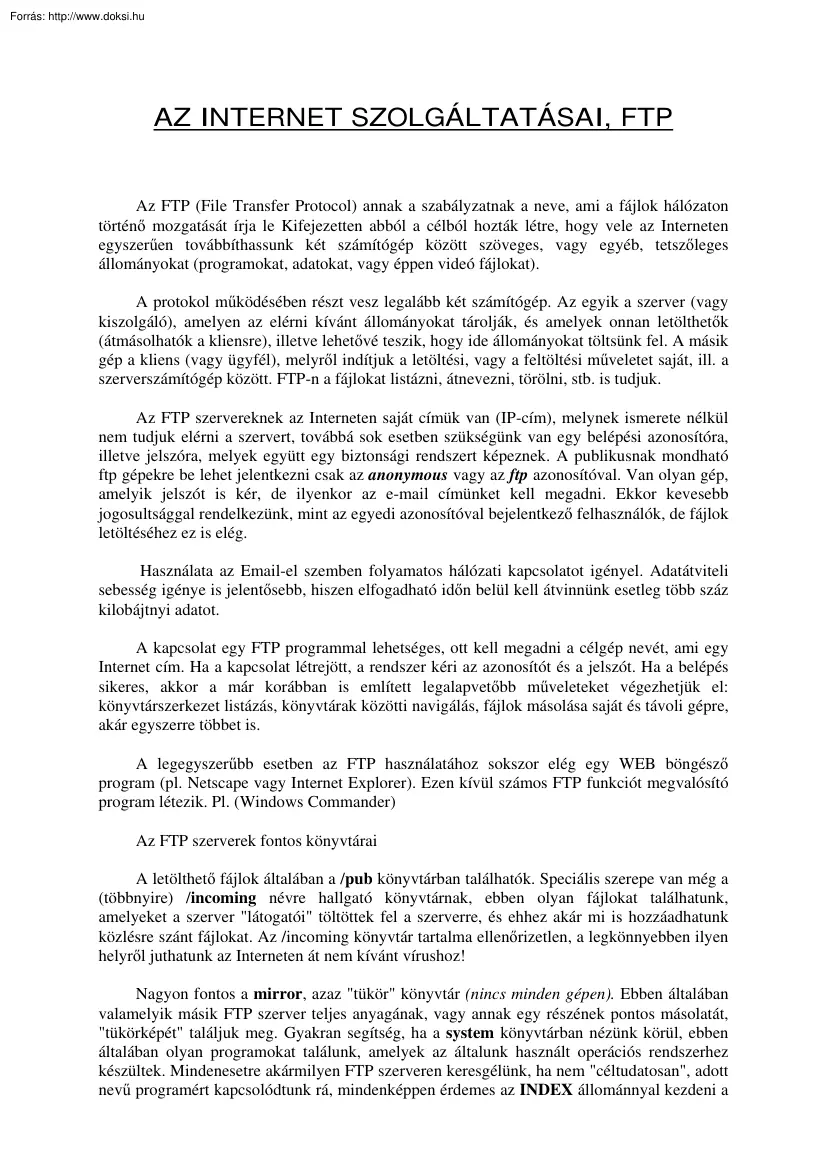 Az internet szolgáltatásai, FTP