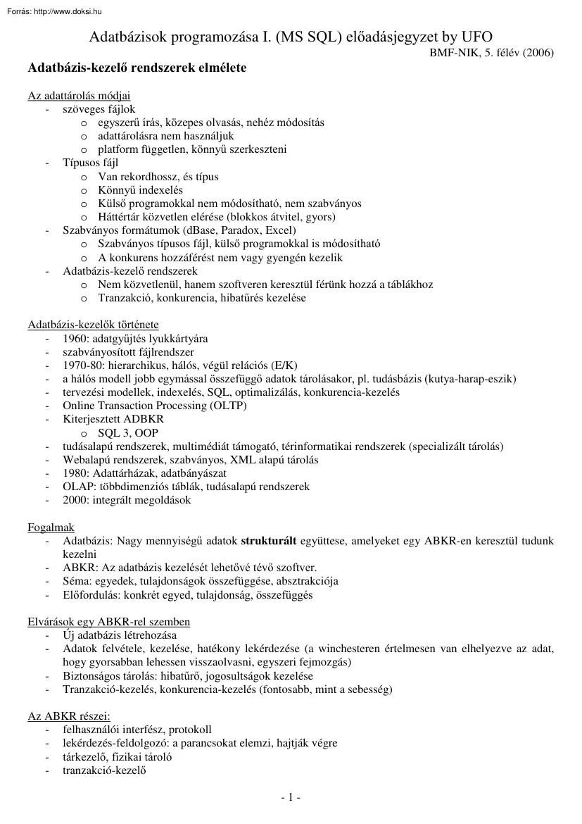 Fábián Zoltán - BMF-NIK Adatbázisok programozása, MS SQL