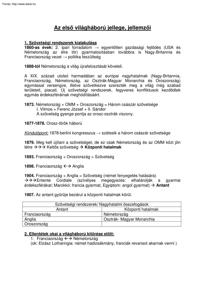 Az első világháború jellege, jellemzői