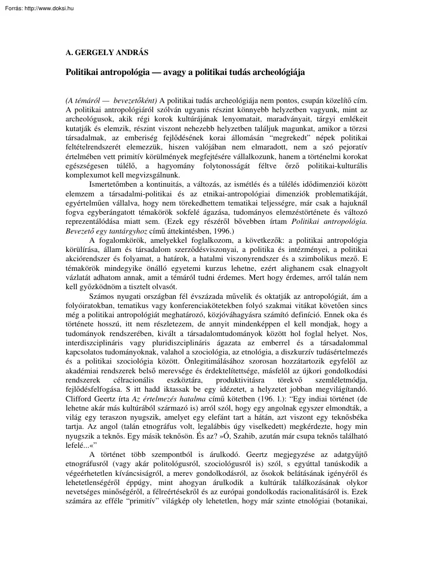 A. Gergely András - Politikai antropológia, avagy a politikai tudás archeológiája