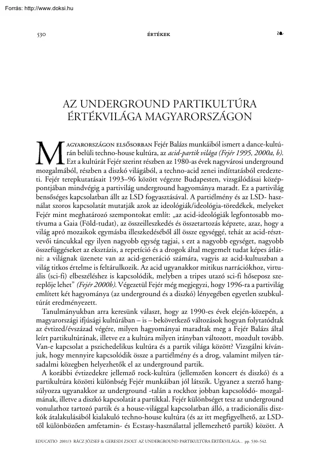 Rácz-Geresdi - Az underground partikultúra értékvilága Magyarországon