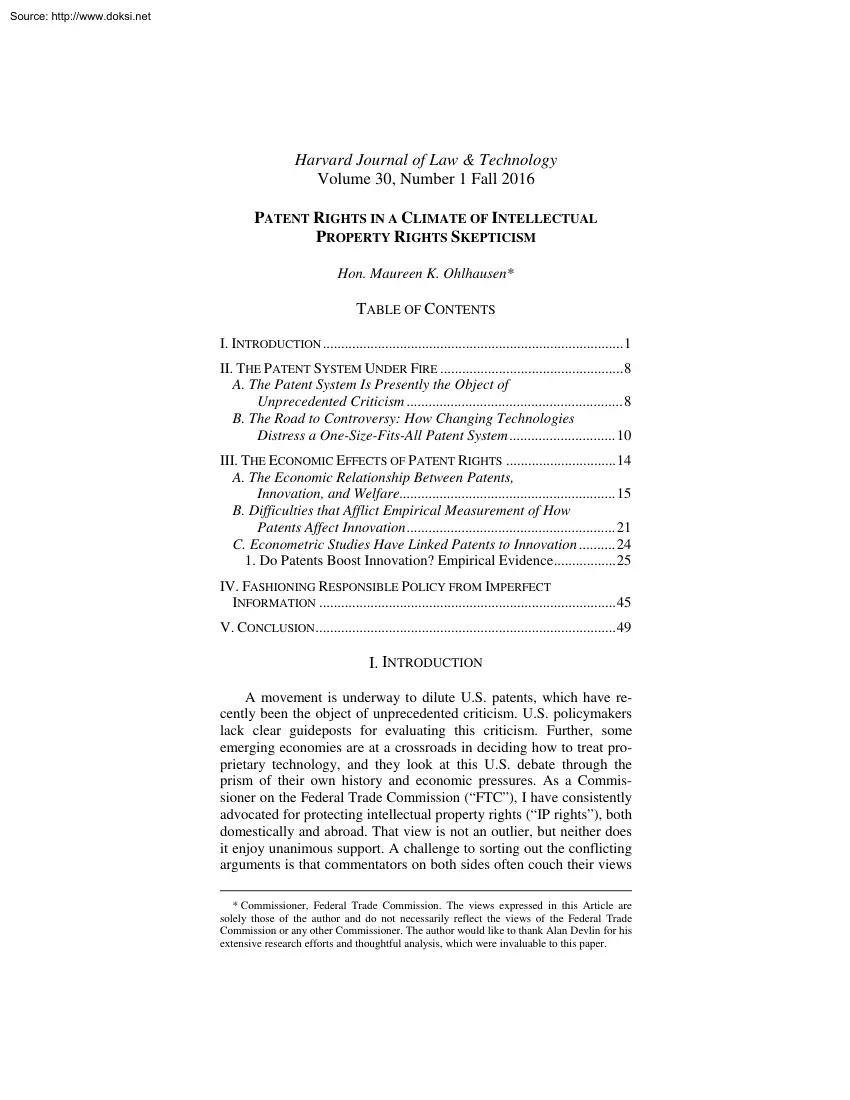 Hon. Maureen K. Ohlhausen - Patent Rights in a Climate of Intellectual Property Rights Skepticism