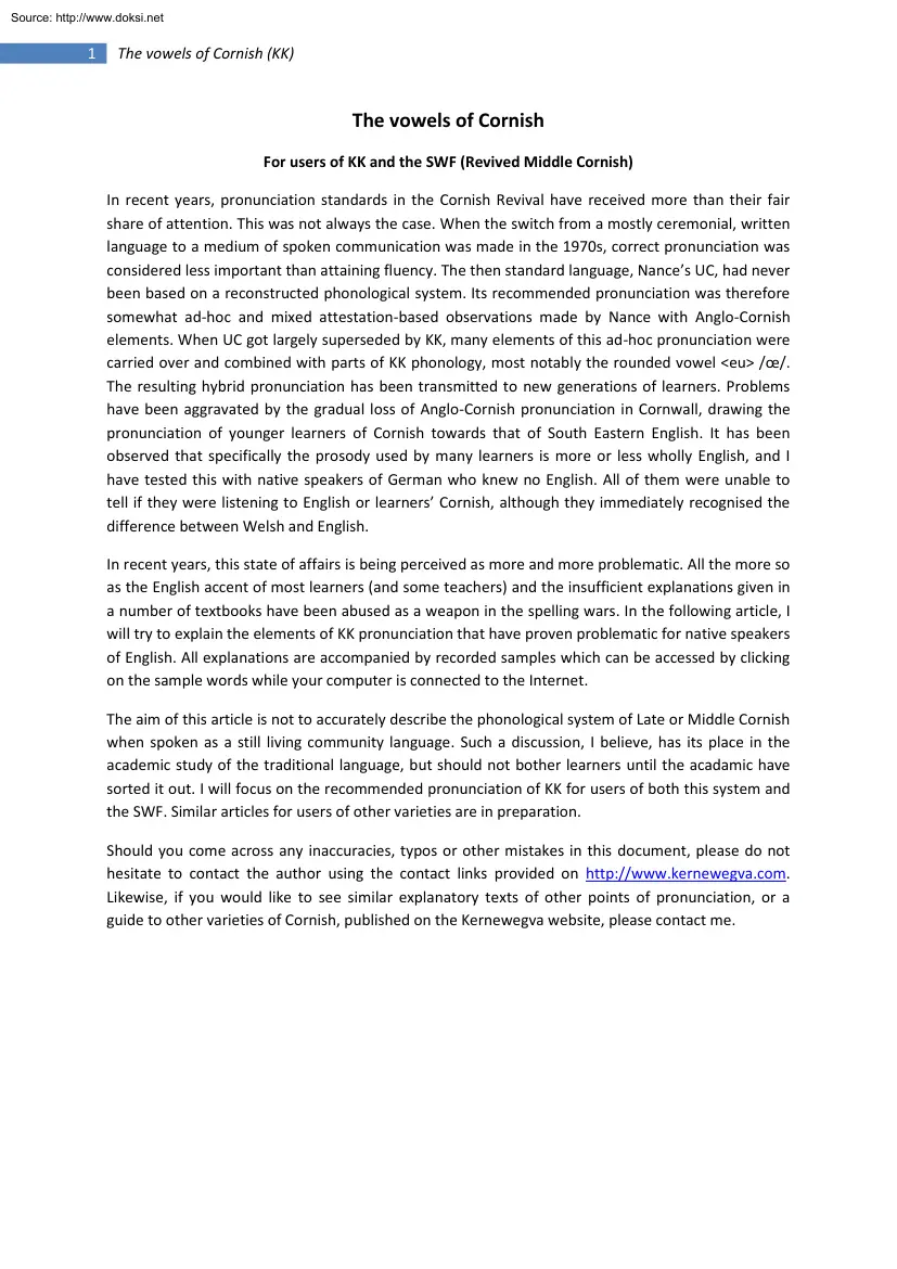 The Vowels of Cornish