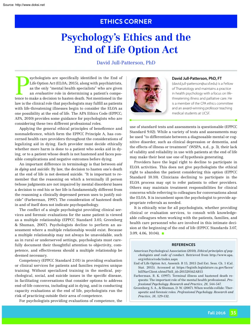 David Jull Patterson - Psychology Ethics and the End of Life Option Act