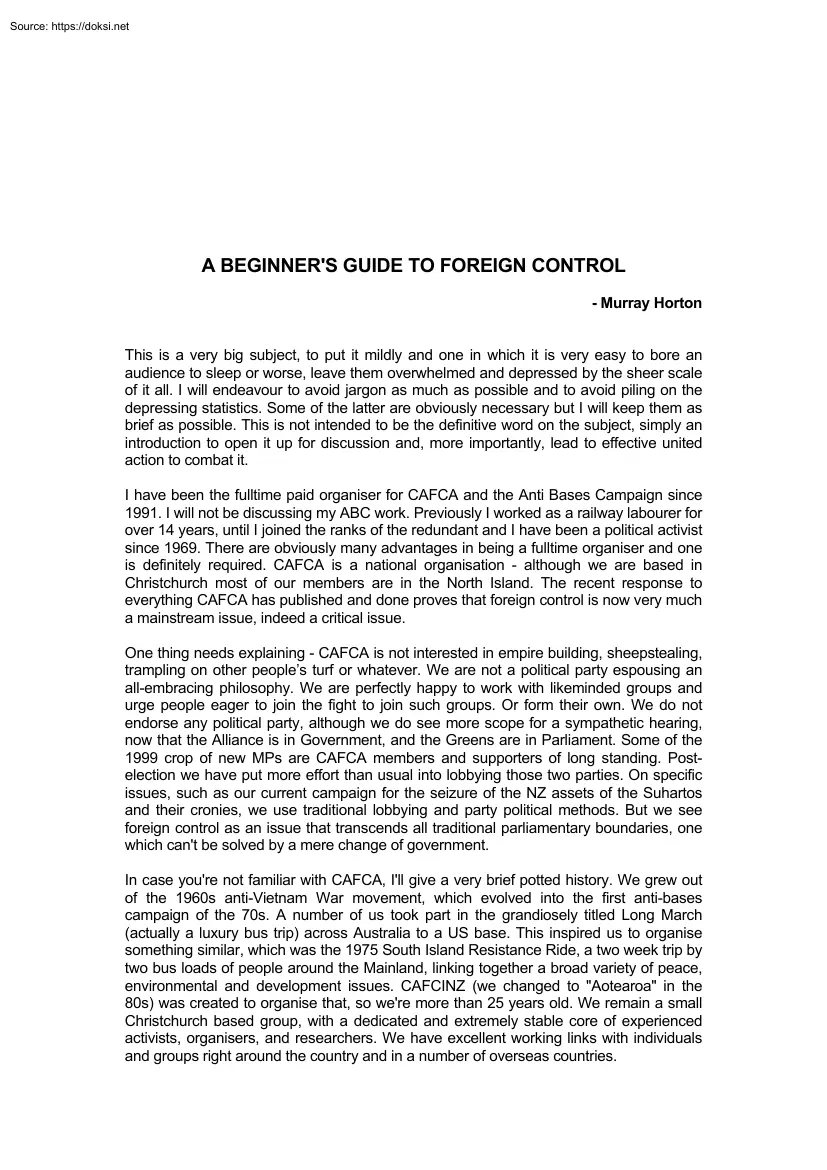 Murray Horton - A Beginners Guide to Foreign Control