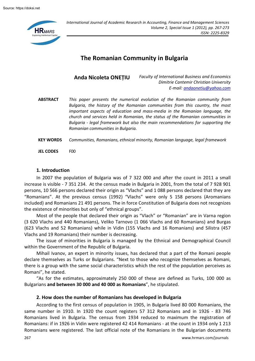 Anda Nicoleta Onetiu - The Romanian Community in Bulgaria