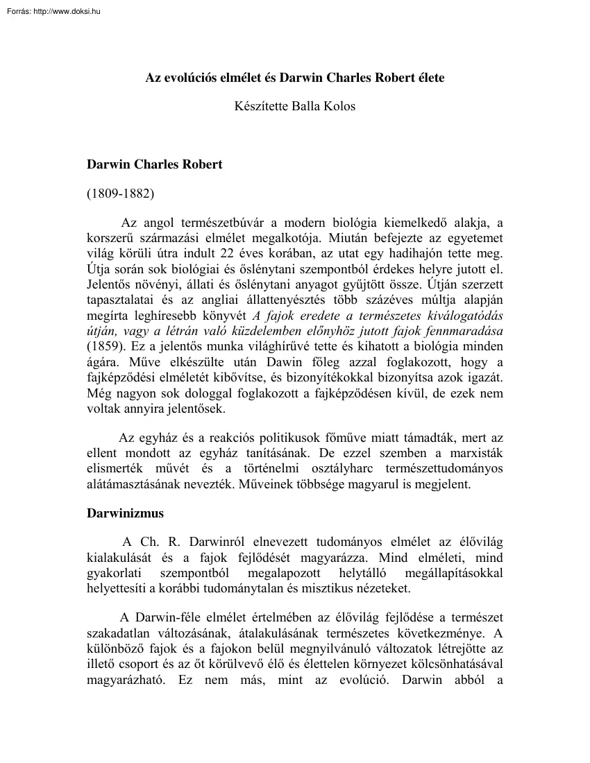 Balla Kolos - Az evolúciós elmélet és Darwin Charles Robert élete