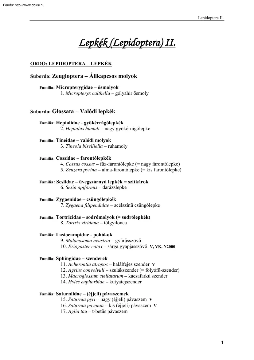 Lepkék (Lepidoptera) fajlista