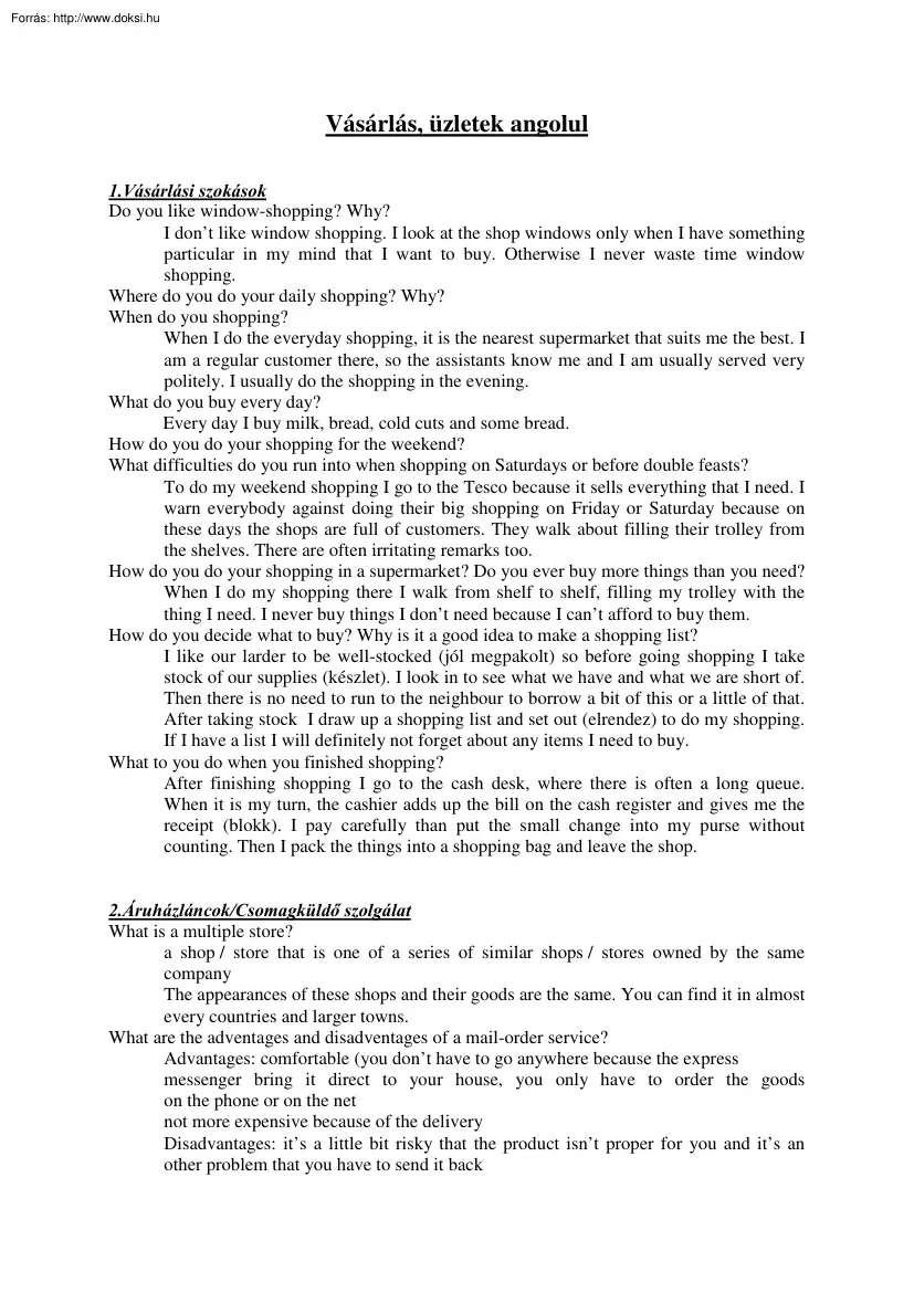 Vásárlás, üzletek angolul