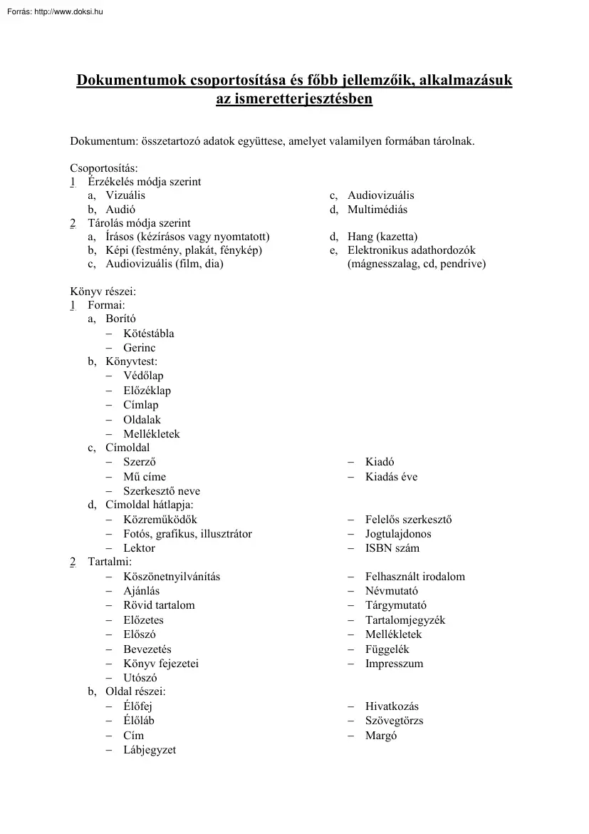 Bokor András - Dokumentumok csoportosítása és főbb jellemzőik