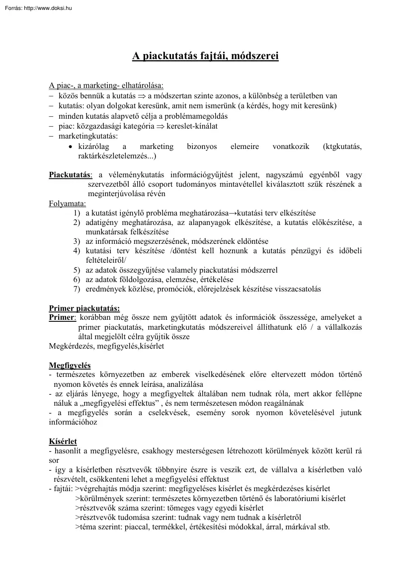 A piackutatás fajtái, módszerei