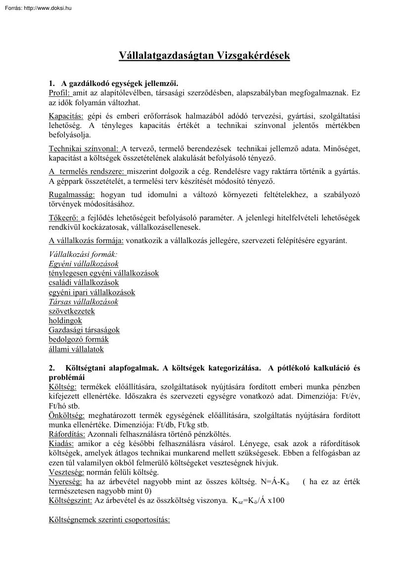 Vállalatgazdaságtan vizsgakérdések