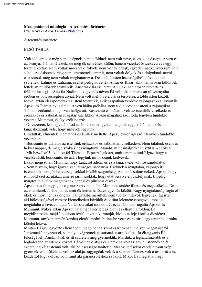 Nováki Ákos Tamás - Mezopotámiai mitológia, a teremtés története